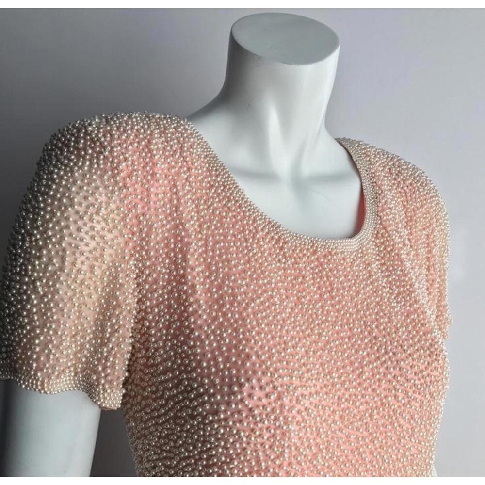 Oleg Cassini Knee-Length Pink Short Sleeve Dress with Pearl Embellishments